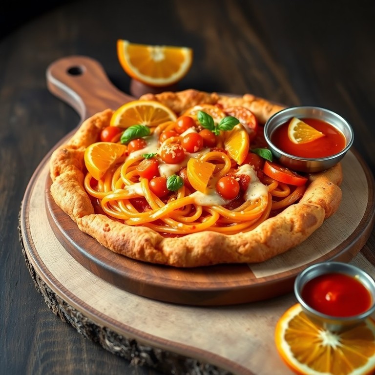 Kroepoek Pizza met Spaghetti, Sinnasappel en Tomato Frito