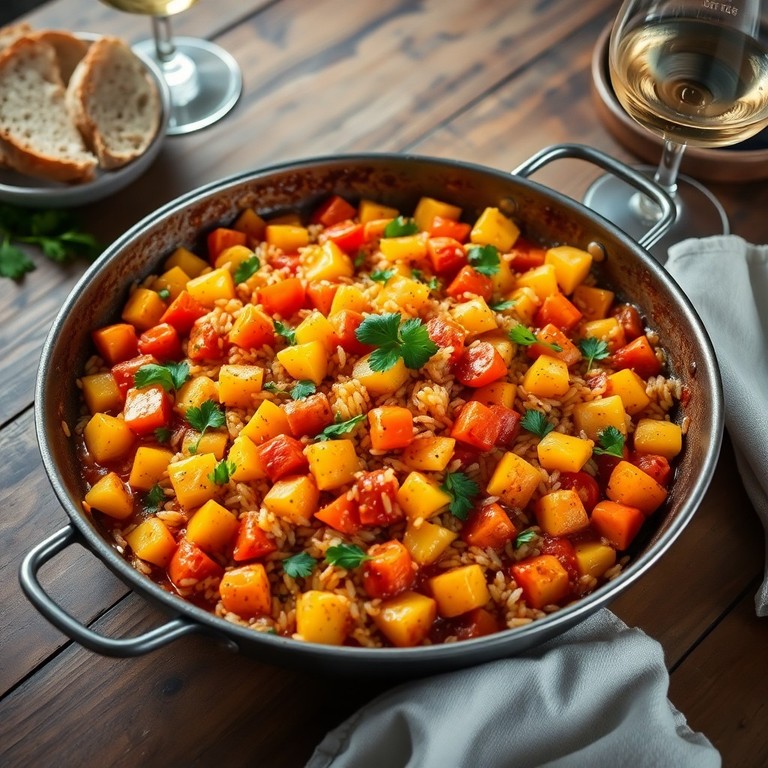 Spanische Kartoffel-Reis-Paella mit Gemüse