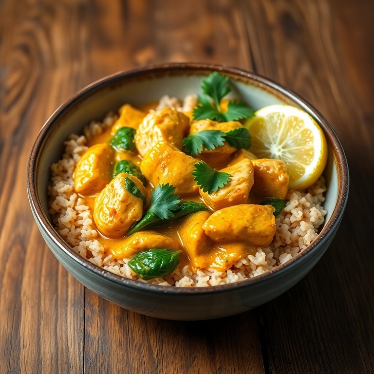 Tigela de Frango com Curry de Coco, Arroz Integral e Espinafre