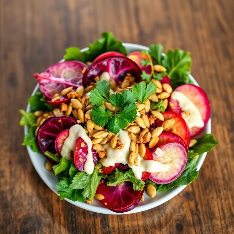 Ensalada Tropical de Lechuga y Radicchio con Coco Dorado y Aderezo de Taro