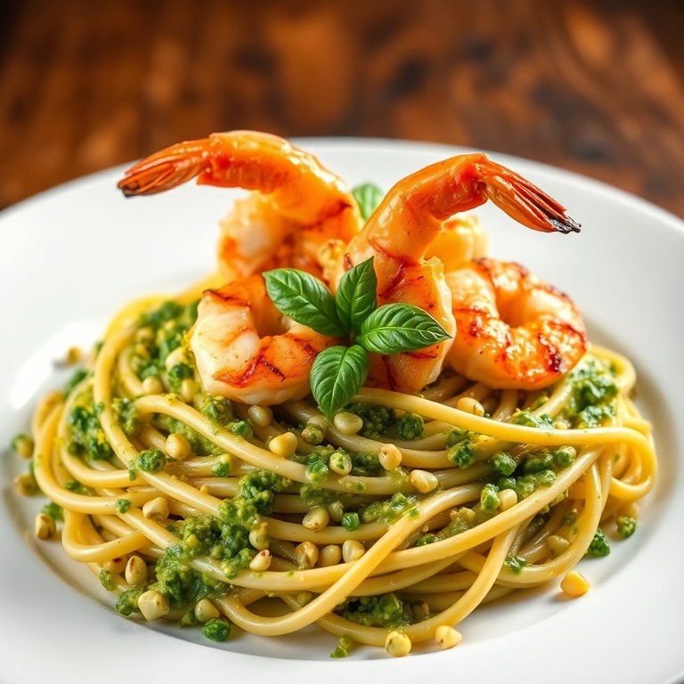 Massa com Pesto de Pistache Cremoso e Camarão Grelhado