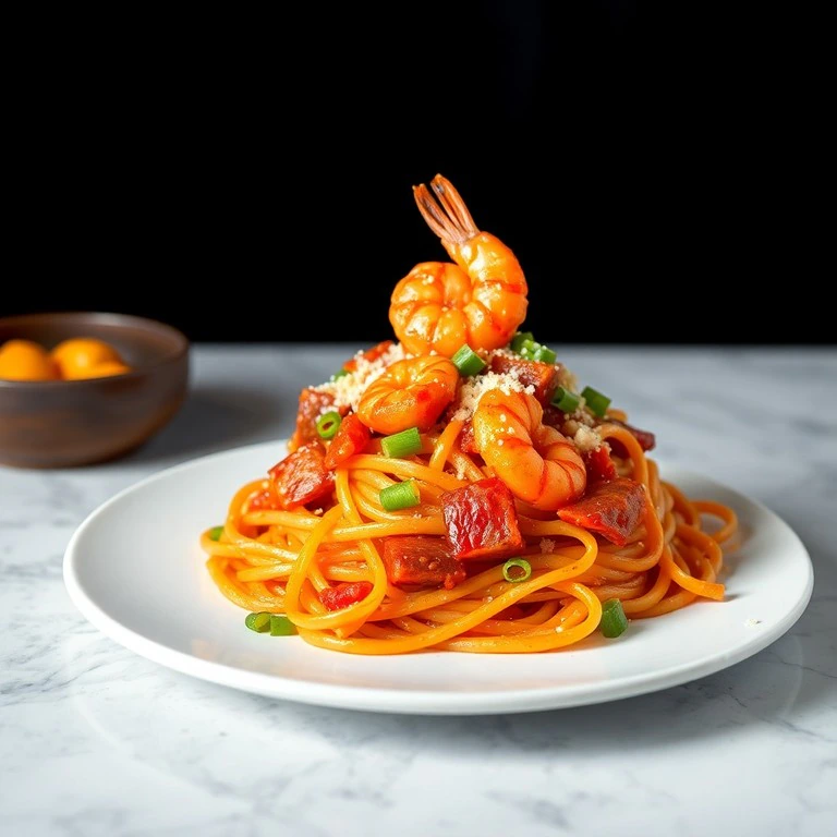 Fettuccine Ítalo-Coreano Picante com Camarão e Tofu