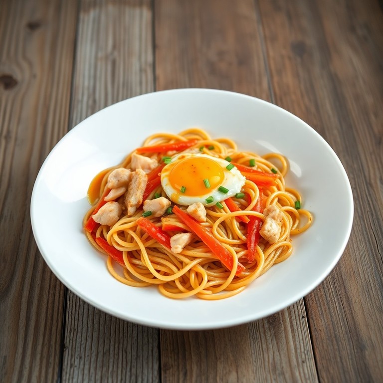 Nouilles Sautées au Poulet et Carottes, Sauce aux Aromates Légère