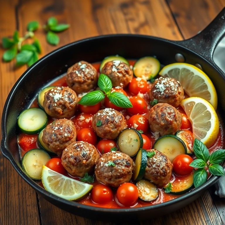 Mediterrane Fleischbällchen-Pfanne mit Zucchini und Tomaten