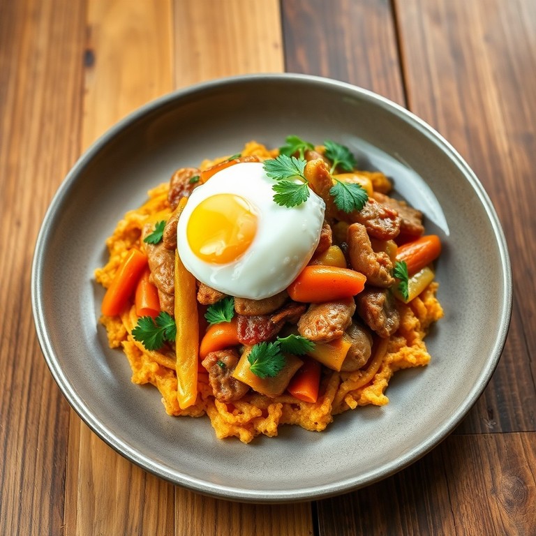 Rösti au Poulet Sauté, Carottes et Œuf Parfait