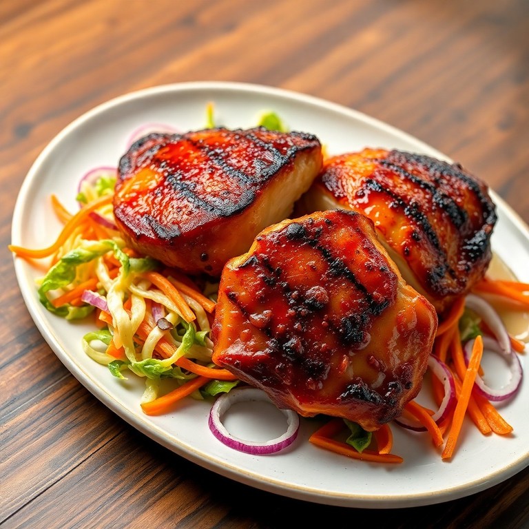 Grilled BBQ Chicken Thighs over Brussels Sprout and Carrot Slaw