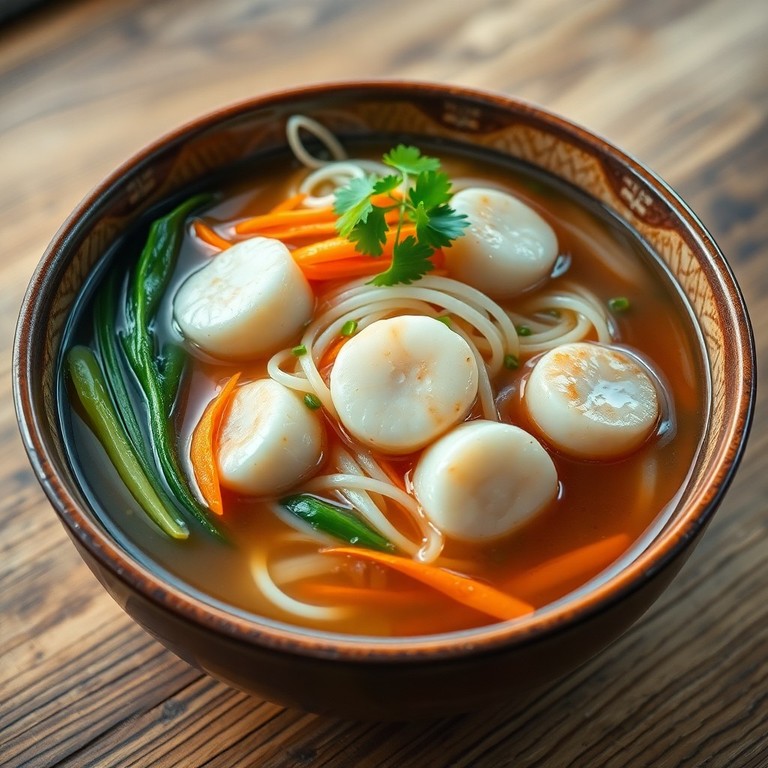 Soupe Asiatique aux Pétoncles, Légumes et Nouilles de Riz