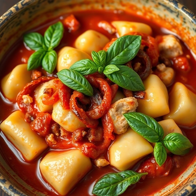 Gnocchis de Pommes de Terre au Poulet, Sauce Tomate Intense et Oignons Rouges Caramélisés