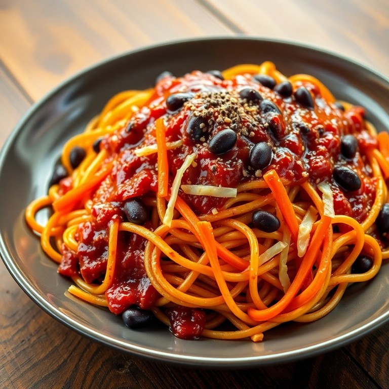 Espaguetis BBQ con Frijoles Negros y Repollo