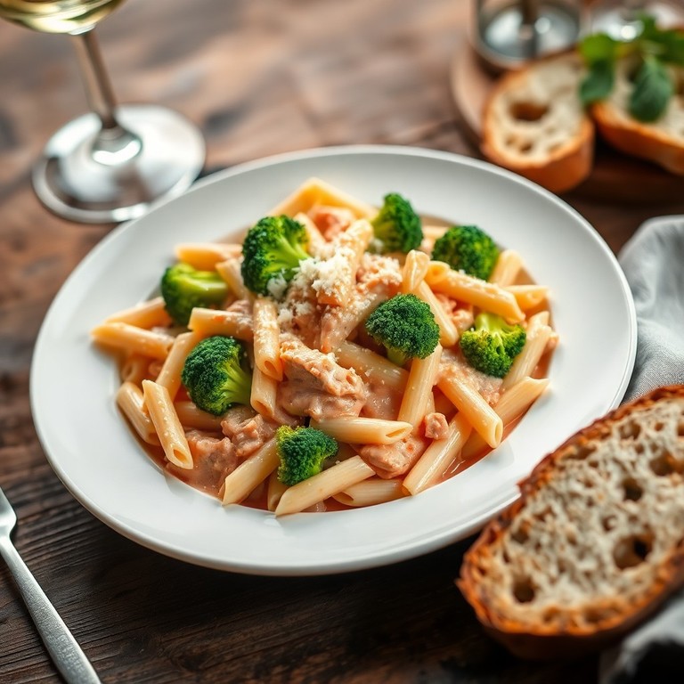 Macarrão Cremoso de Frango com Brócolis ao Molho Rosé Enriquecido
