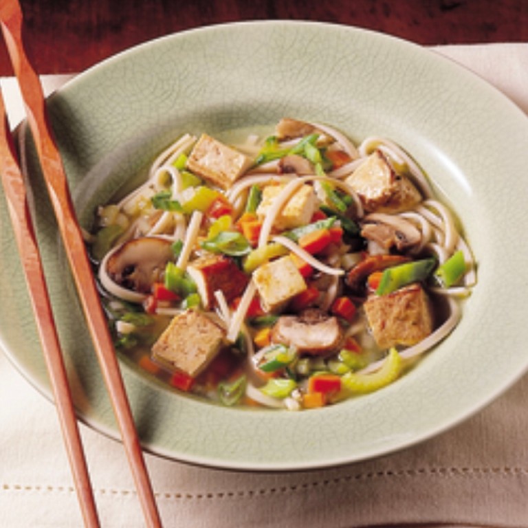 Gingery Vegetable Broth with Tofu and Noodles