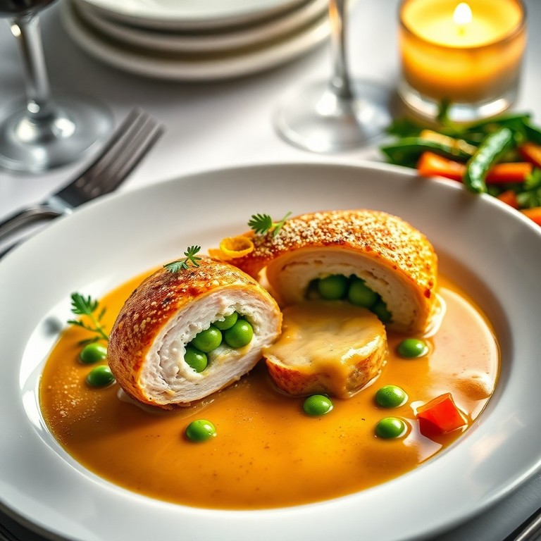 Ballotine de Poulet aux Petits Pois, Sauce Crème Fraîche et Vin Blanc