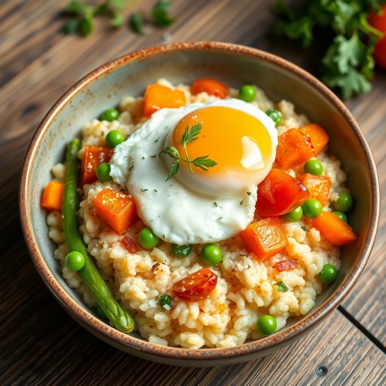 Risoto Primavera com Ovos Pochê e Legumes Frescos