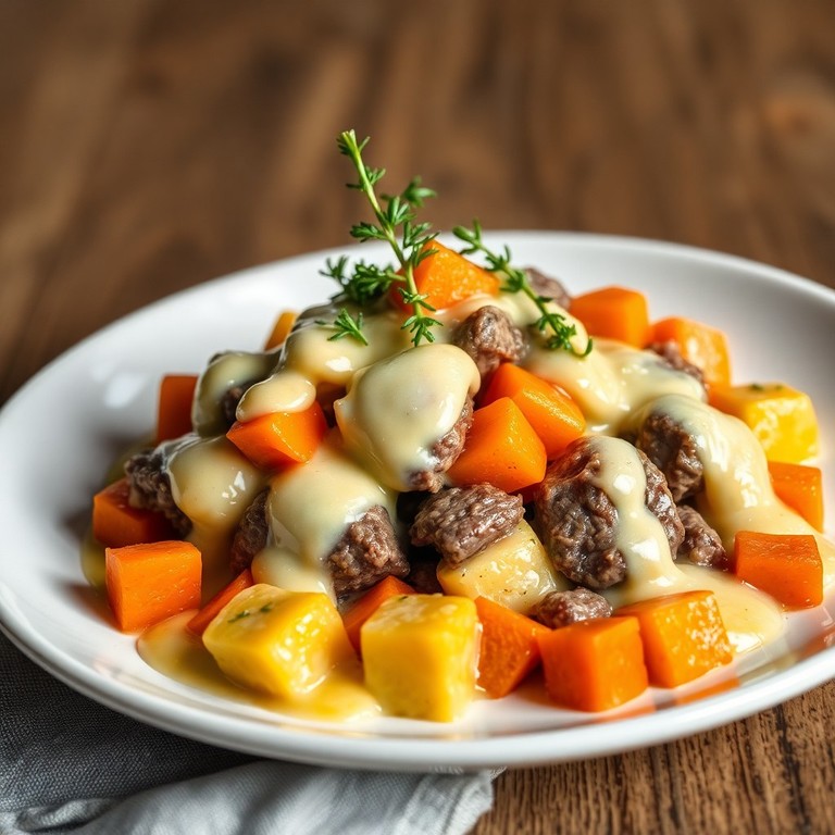 Gnocchis Poêlés au Steak, Carottes et Sauce au Gruyère