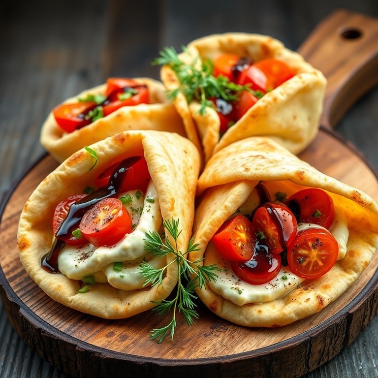 Pita Broodjes met Hummus, Yoghurt Dressing en Balsamico Tomaat