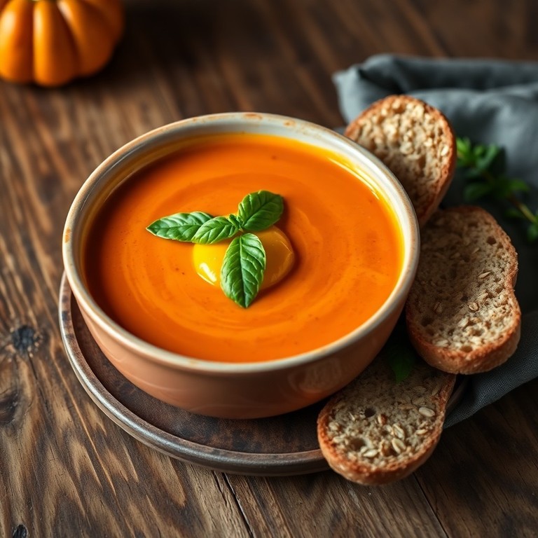 Creamy Tomato-Carrot Soup with Poached Egg and Oat Toast