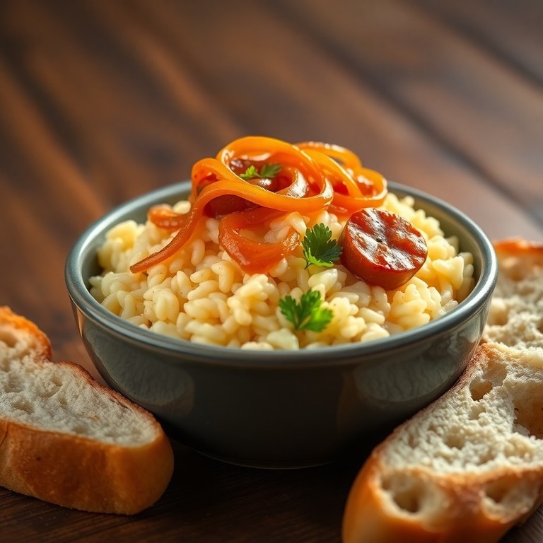 Arroz Meloso con Cebolla Caramelizada y Salchicha Italiana