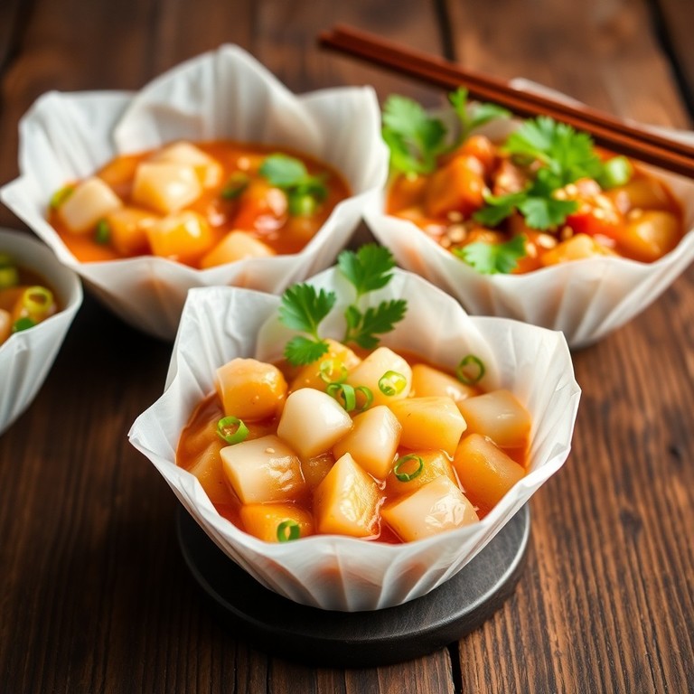 Tapioka-Tteokbokki ohne Knoblauch in Reispapier-Schalen