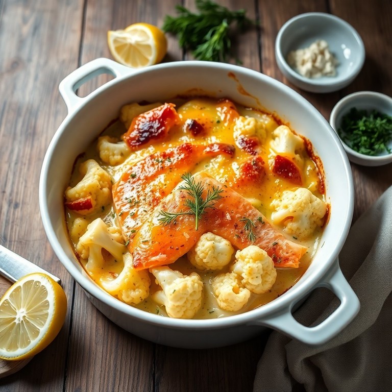 Lachs-Blumenkohl-Gratin mit Dill und Zitronenpfeffer