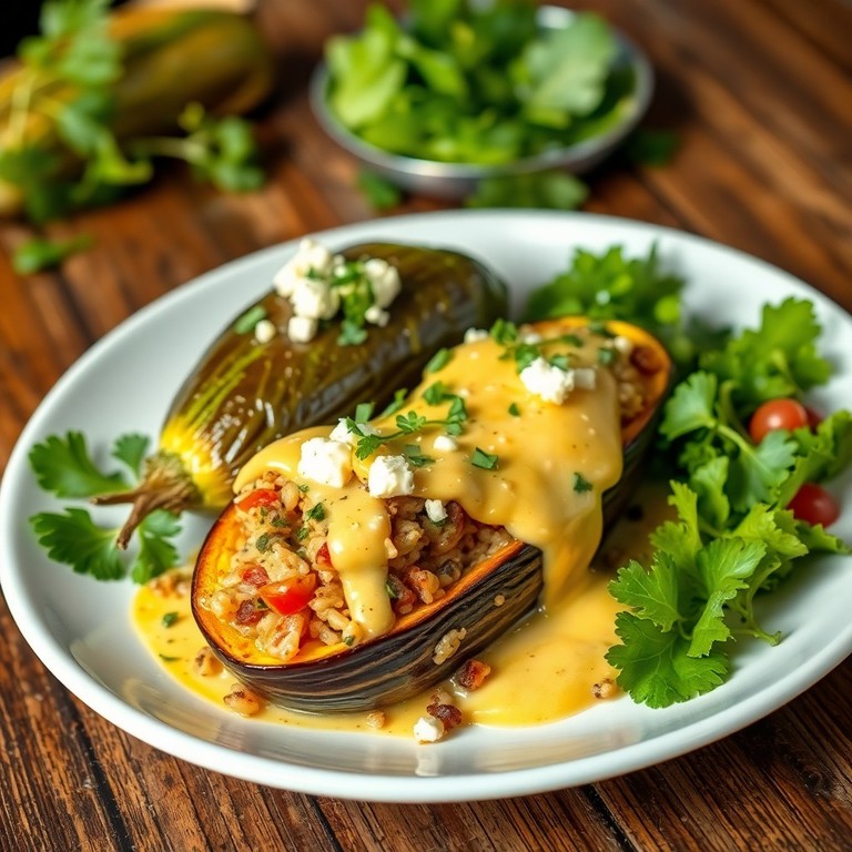 Gefüllte Aubergine und Zucchini mit Reis und Béchamel
