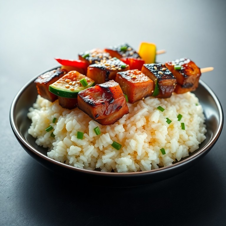 Brochetas de Cerdo y Arroz Yakitori con Verduras a la Parrilla