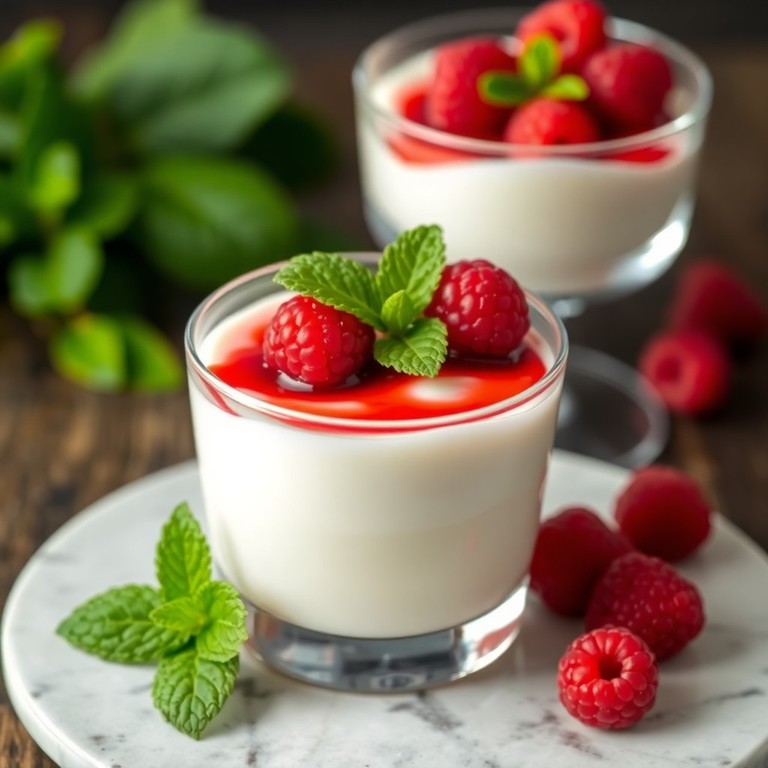 Kokosmilch-Panna Cotta mit Himbeerspiegel und Rohrzucker