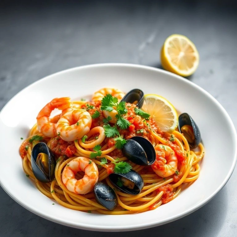 Glutenfreie Calamarata mit Meeresfrüchten und Tomaten-Kräuter-Sauce