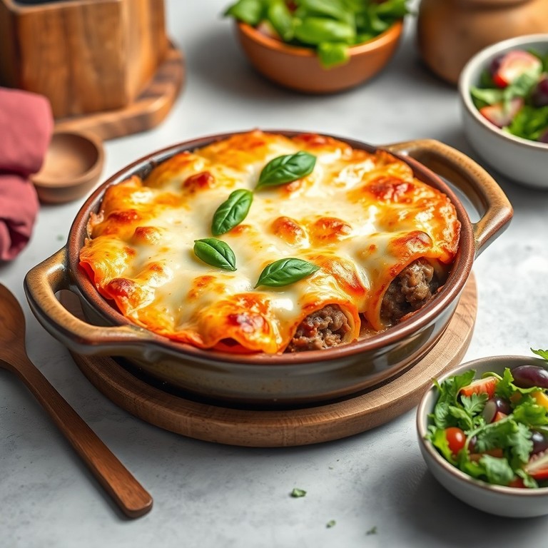 Glutenfreier Cannelloni-Auflauf mit Rinderhackfleisch, Spinat und veganem Käse