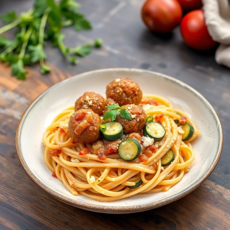 Pâtes sautées aux boulettes véganes, courgette et sauce soja crémeuse