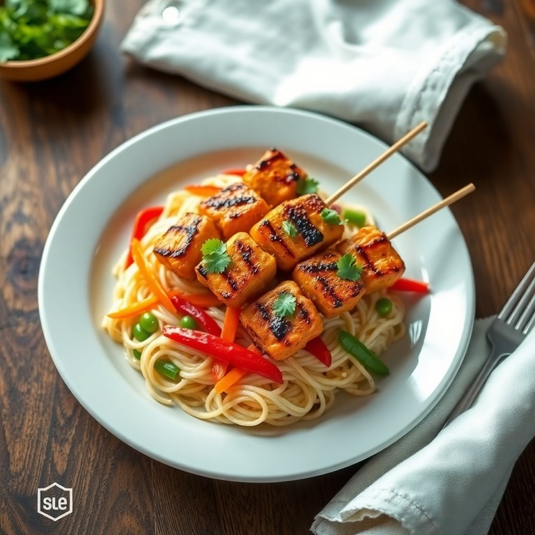 Brochettes de Poulet Grillé au Curry avec Nouilles de Riz Sautées au Lait de Coco