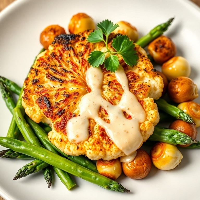 Cauliflower Steak with Lemon-Tahini Roasted Vegetables