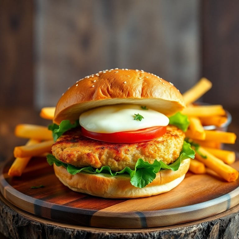 Hambúrguer de Frango Crocante com Queijo e Pão de Sêmola