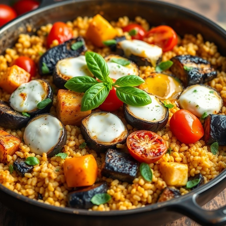 Mediterrane Couscous-Pfanne mit Auberginen und Mozzarella