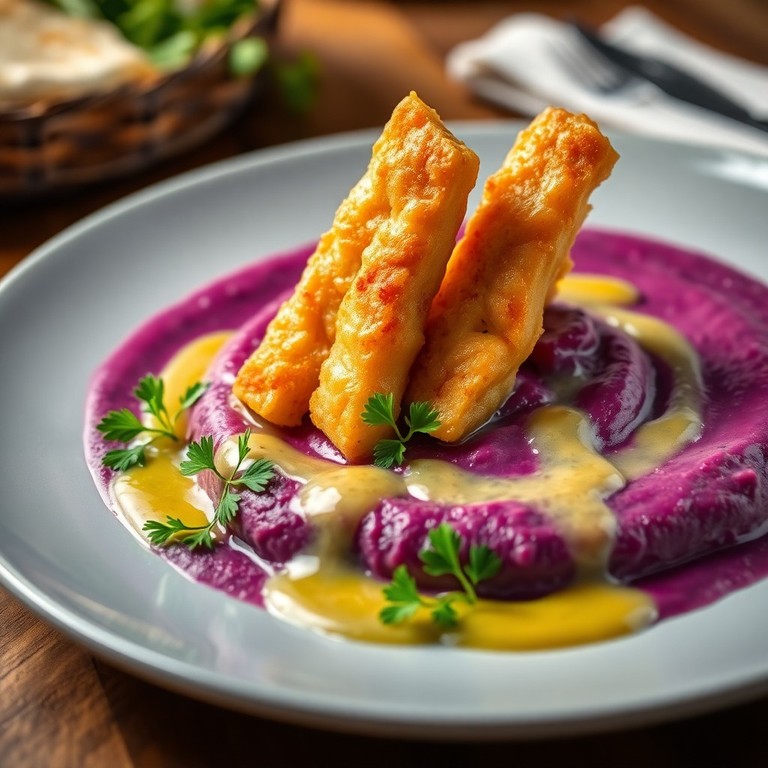 Malven-Kartoffelpüree mit Zitronen-Fischstäbchen