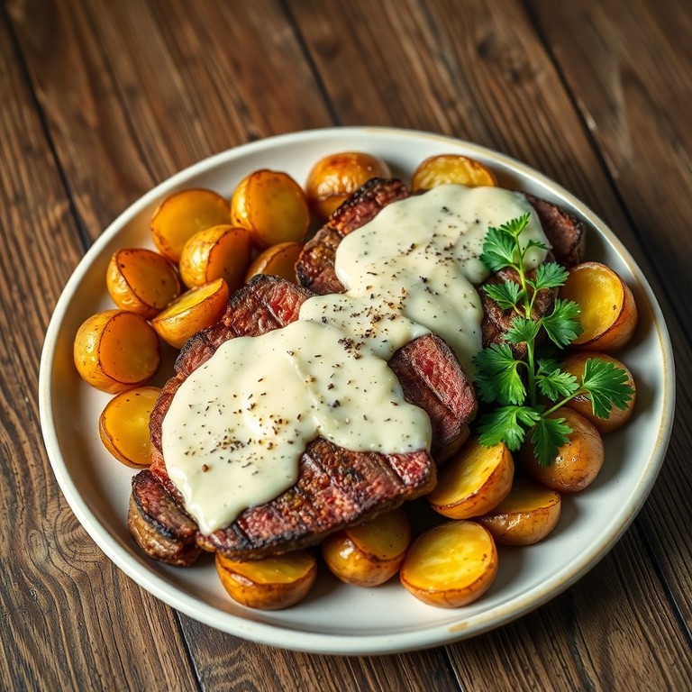 Émincé de Salers au Bleu, Pommes de Terre Grenaille Rôties