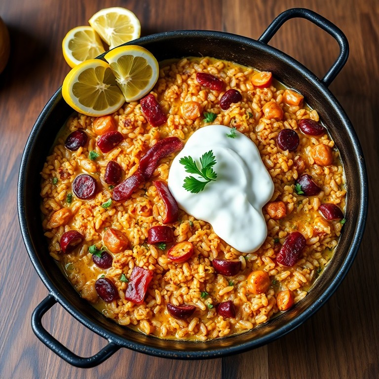 Paella Cremosa de Arroz Integral com Bacon, Chouriço, Limão e Iogurte
