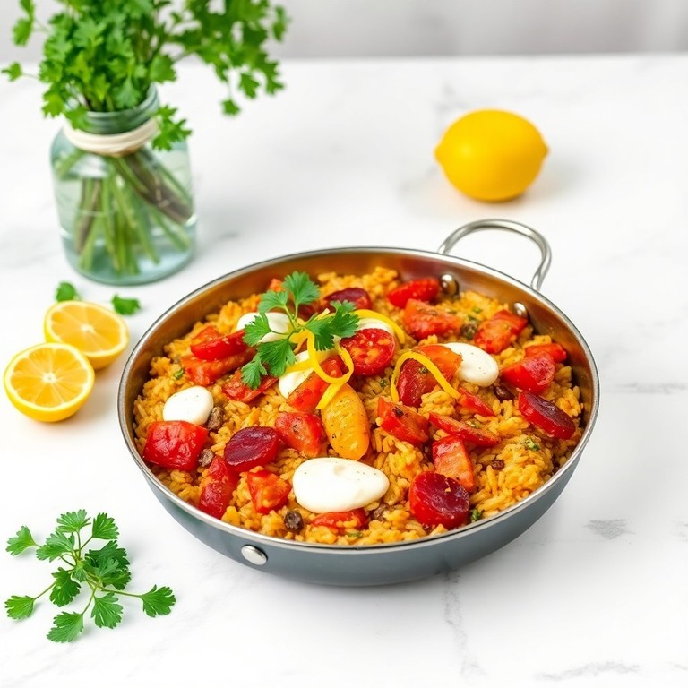 Paella Cremosa de Arroz Integral com Bacon, Chouriço, Limão, Iogurte e Polpa de Tomate