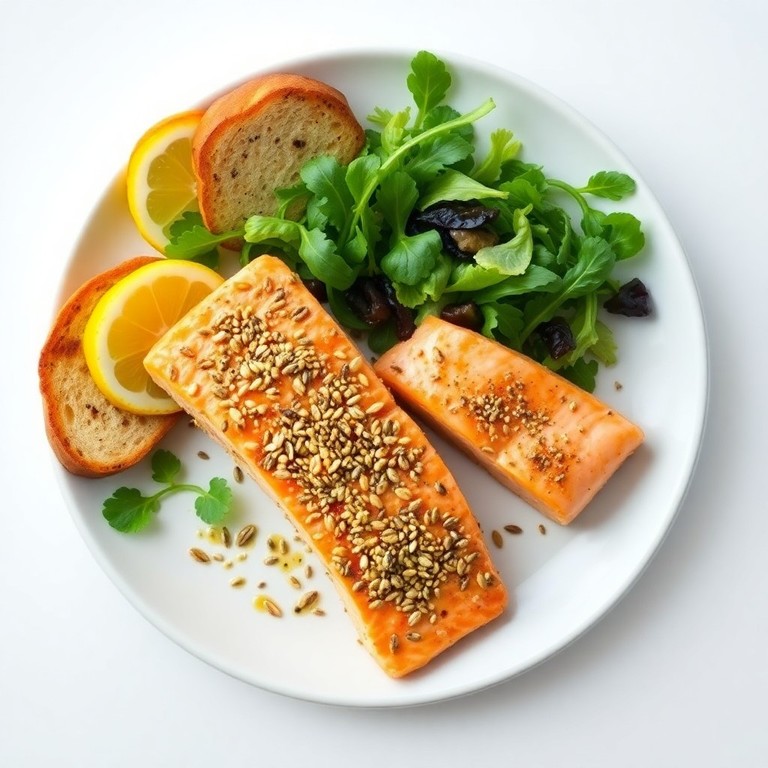 Saumon en Croûte de Graines, Salade Verte et Toasts
