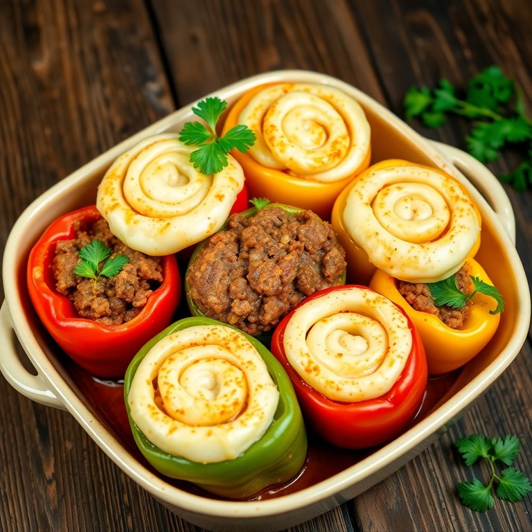 Ground Beef Stuffed Peppers with Potato Swirl