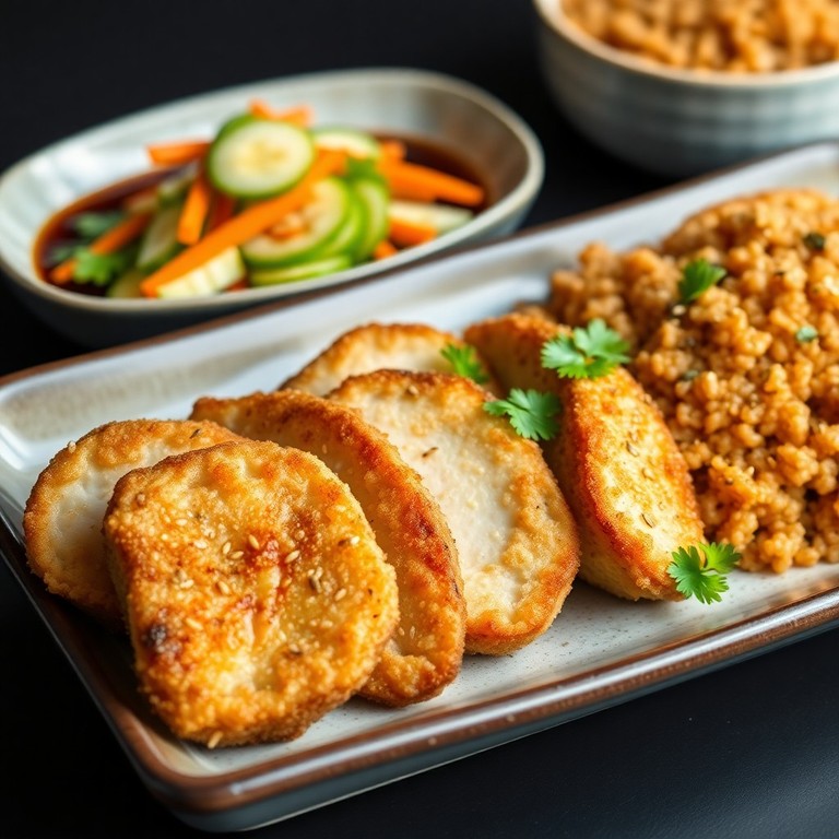 Cerdo al Panko Laminado con Sancayo y Arroz Oscuro Japonés