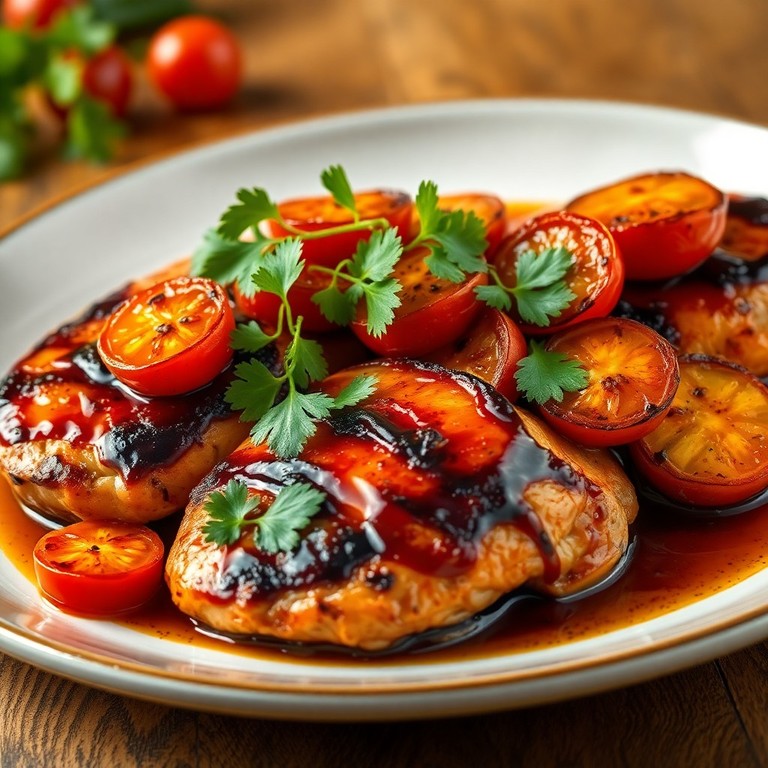 Pechugas a la parrilla con glaseado oriental, cherry confitado y plátano maduro gourmet