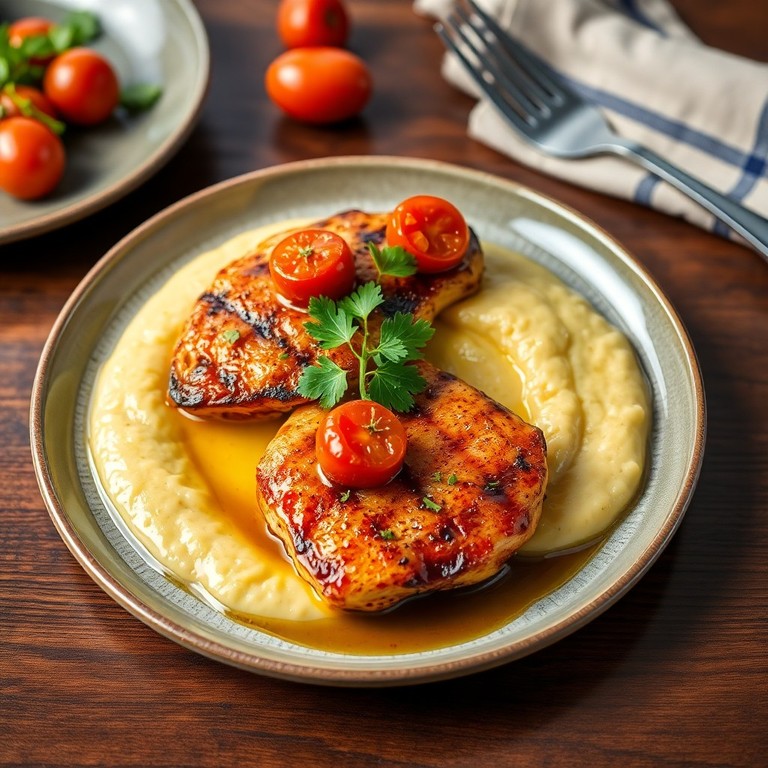 Pechugas a la parrilla con glaseado oriental, cherry confitado y plátano verde gourmet