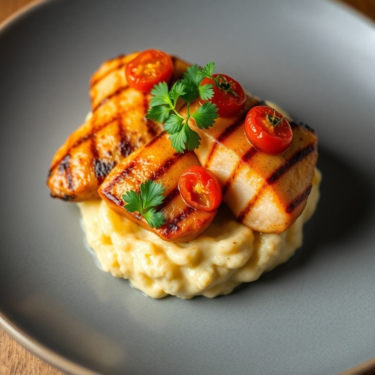 Pechugas a la parrilla con glaseado oriental, cherry confitado y plátano maduro