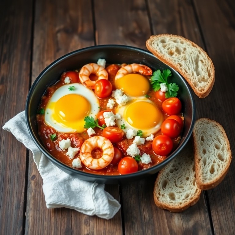 Scampi, Feta, and Tomato Baked Eggs