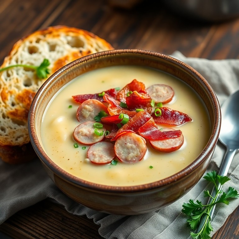 Herzhafte Kartoffelsuppe mit Würstchen und Speck - Mr. Cook