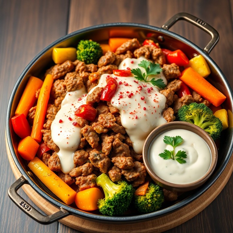 Paprika-Hackfleisch-Pfanne mit Gemüse und Petersilien-Dip