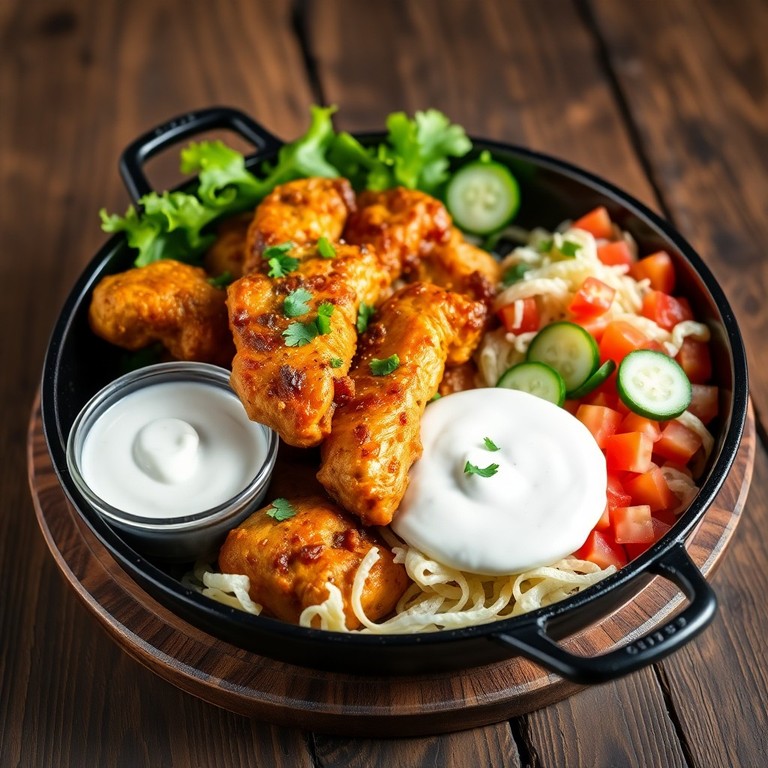 Gyros-Pfanne mit Joghurt-Dip und Krautsalat
