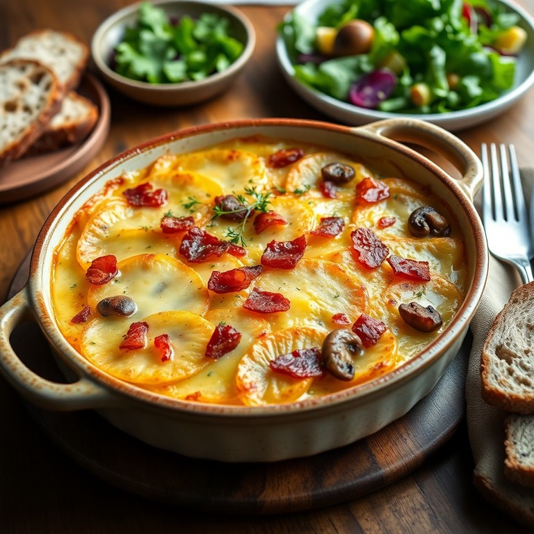 Картофельный гратен с беконом и грибами