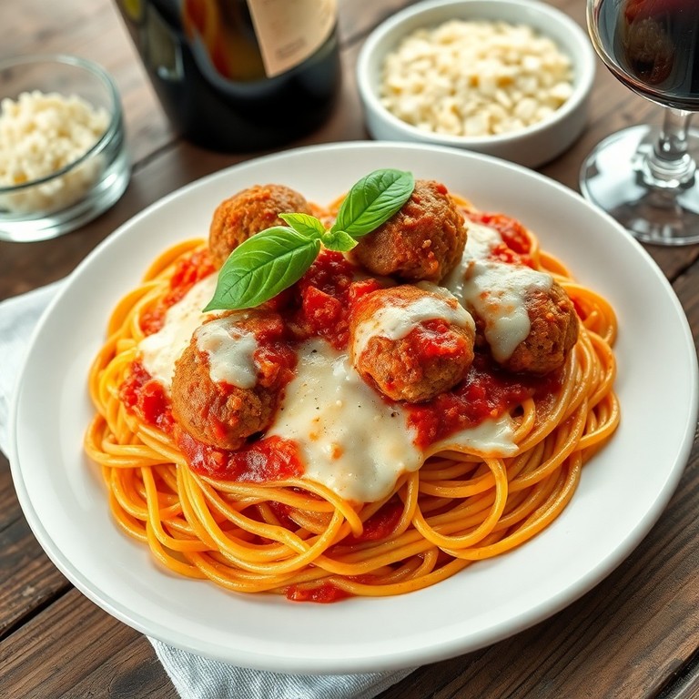 Spaghetti and Meatballs with Melted Mozzarella