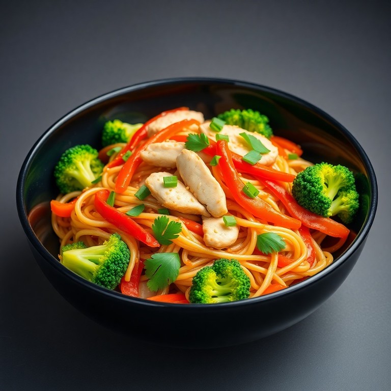 Wok de nouilles sautées au poulet et légumes croquants